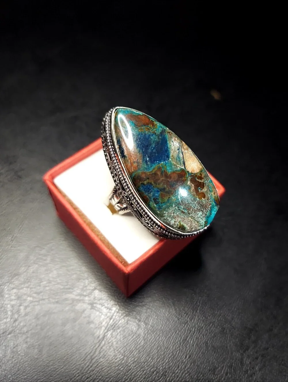 Handcrafted High-Profile Azurite Oversized Teardrop Ring (9.5)